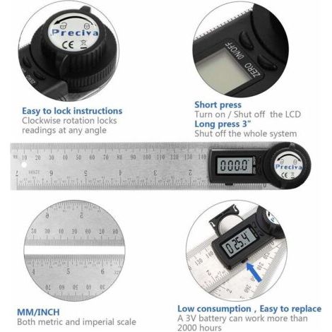 Digitaler Winkelmesser, 200 mm Längen- und Winkelmessung aus Edelstahl mit Niederhalter, Nullstellung und großem LCD-Display, mm/Zoll-System, für Holzbearbeitung und Bauwesen (1/4)