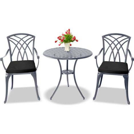 Centurion Supports OSHOWA Luxurious Garden & Patio Table & 2 Chairs Cast Aluminium Bistro Set - Grey with Black Cushions (1/5)
