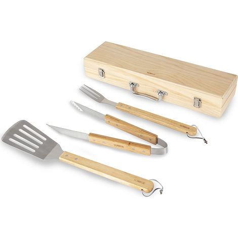 Tower T932005 4 Piece BBQ Tools Set with Storage Box, Wooden Handles, Stainless Steel (1/5)