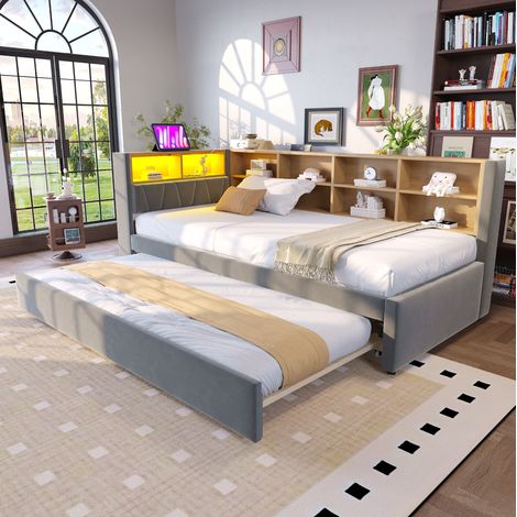 Canapé-lit 90x200 cm gris foncé en flanelle avec lit gigogne, LED, prises et rangements (1/5)
