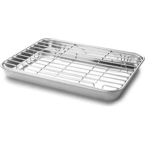 Edelstahlblech mit herausnehmbarem Rost – 21,5 x 15 x 2 cm – ofen-, kühlschrank- und gefriergeeignet – Wärmeleitfähigkeit