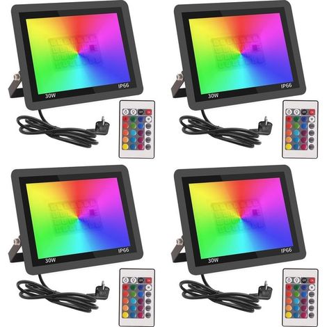 RGB Projecteur LED Extérieur 30W,Spot LED Couleur avec Télécommande,16 Couleurs 4 Modes Dimmable Éclairage Extérieur Murale,Étanche IP66 Luminaire Jardin pour Cour,Terrasse,Noël,Fêtes DJ-4pcs [Classe (1/5)