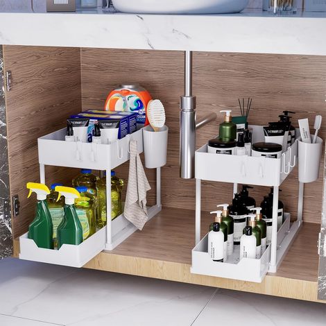 Lot de 1 Rangement sous Évier à 2 Étages, Organisateur Cuisine avec Tiroirs Amovibles, Rangement Coulissant sous Évier, Organisateur Placard, Étagère, Panier Coulissant pour Cuisine -Blanc (1/5)
