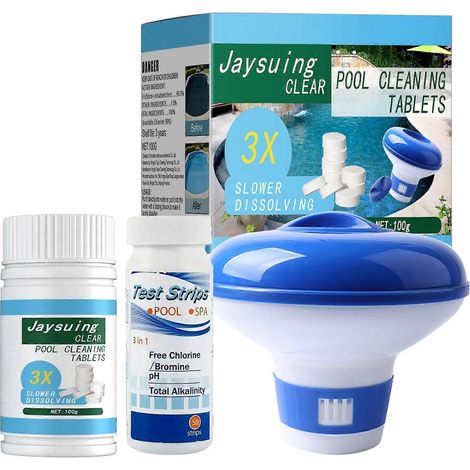 3-teiliges Poolpflege-Set: 100-g-Chlortabletten, pH-Teststreifen, Dosierset für Gartenpools. Für eine umfassende Reinigung.