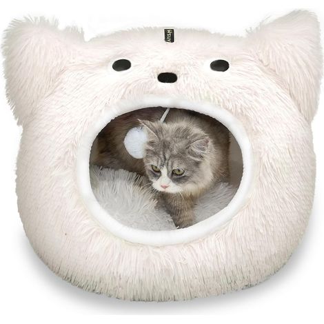 1 - Niche pour Chat - Lit pour Chien - Design Grotte 2 en 1 - Peluche Douce et Lavable - Intérieur Chaud - Sol Antidérapant - Gris - 50x40cm (1/5)