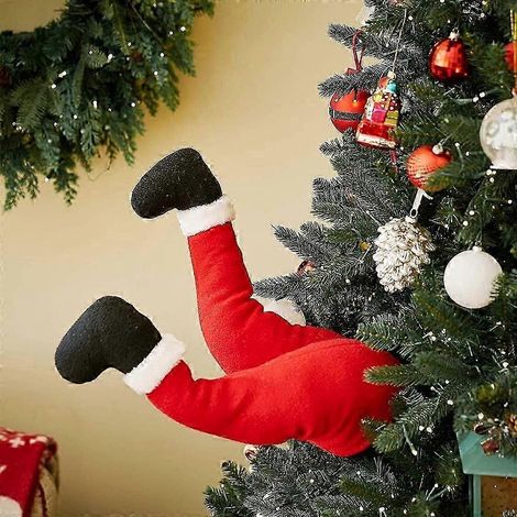 Jambes de Père Noël en peluche avec chaussures, à accrocher au sapin. Décoration de Noël : jambes de Père Noël en peluche. (1/4)