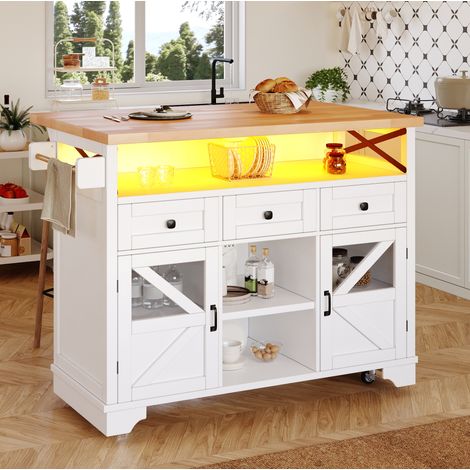 Carrello da cucina bianco MEUBLIV 120 x 71 x 98 cm con LED, piano pieghevole (1/5)