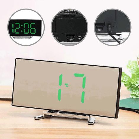 Cette horloge de bureau noire et high-tech est dotée d'un grand écran LED incurvé et d'un réveil numérique avec veilleuse, idéale pour les chambres et les bureaux. (1/5)