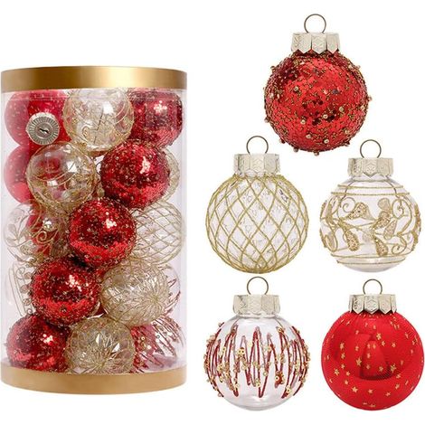 Lot de 25 boules de Noël rouge et doré de 6 cm, incassables, décorations sapin, fêtes et mariages (1/5)