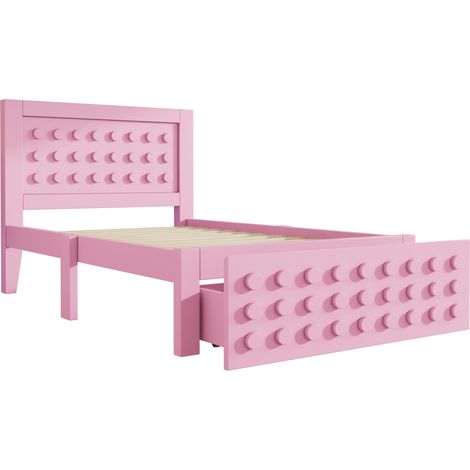 Cama individual 90 x 200 cm de madera con cajón, cama infantil y juvenil rosa, somier de lamas (1/5)