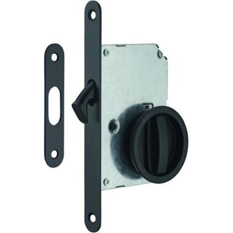 Serrure encastrable à crochet à condamnation pour porte coulissante – Axe 50mm – Acier noir – Pêne crochet – Têtière à bouts ronds (1/5)