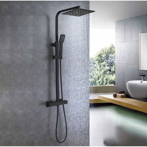 AICA Thermostatic Exposed Shower Mixer Bathroom Twin Head Large Square Bar Set Black (1/5)