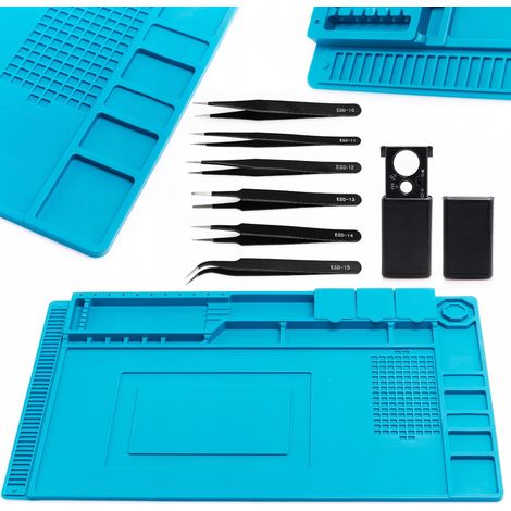 Antistatische Silikonmatte, blau, 450 x 300 mm, TE-501 + 6 Pinzetten + Taschenlupe