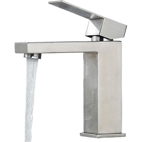 Robinet de cuisine Robinet d'évier de lavabo de salle de bains en acier inoxydable, mélangeur chaud-froid, grue de lavage montée sur le pont, robinets mélangeurs d'évier à trou de Type carré(Brushed N (1/5)