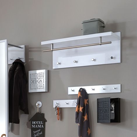 Porte-manteau mural design 4 patères et penderie blanc Mista