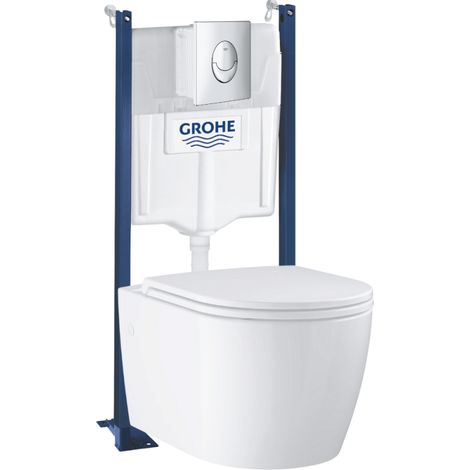 Pack inodoro suspendido GROHE Start Round Ceramic sin reborde + asiento de cierre suave + estructura de pared + placa cromada