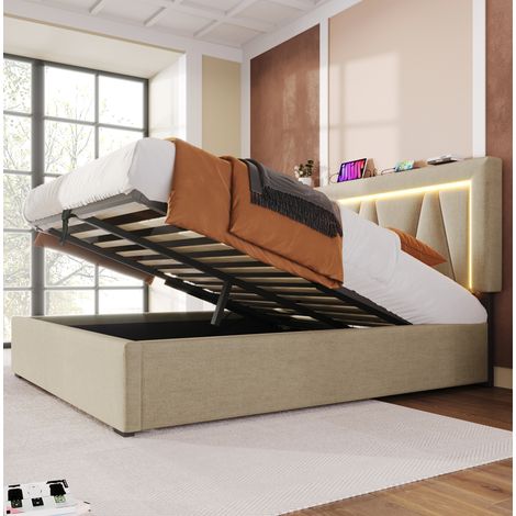 lit coffre 160x200 avec LED USB lin beige OKMYHOME (1/5)