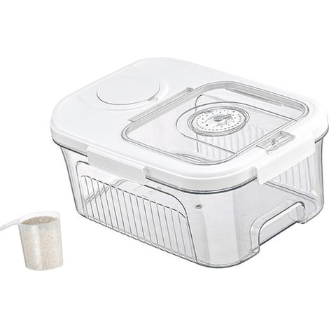 Boîte de rangement pour riz transparente à fermeture magnétique, idéale pour conserver les céréales et autres aliments secs. Petit modèle élégant blanc.