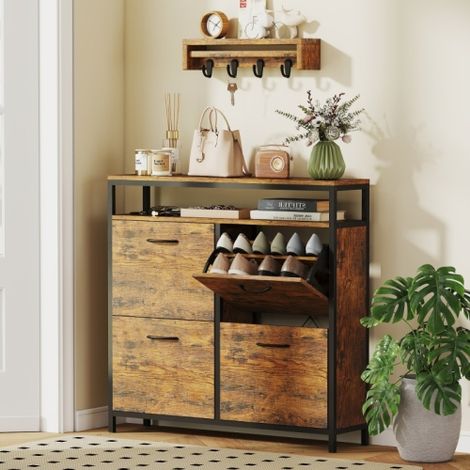 Meuble à chaussures avec 4 tiroirs pliants, design mince, étagères ouvertes, peut contenir de 12 à 20 paires de chaussures, acier, marron (1/3)