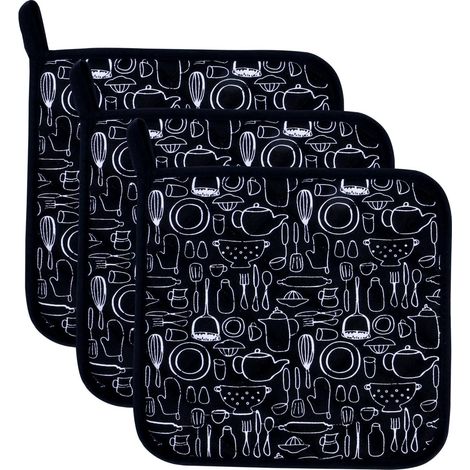 Juego de 3 manoplas de cocina de rizo de algodón de 20x20 cm – negras – resistentes al calor – para cocina/repostería