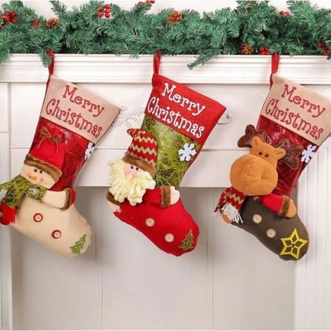 3pcs chaussettes de Noël,motif Père Noël,bonhomme de neige, décorations de Noël pour sapin,lit,escaliers, cheminée (1/4)