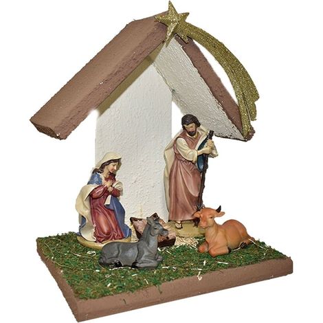 Capanna completa con natività pastori prato luci stella cometa moderna in legno sacra famiglia decorazioni casa albero di natale - decoro: capanna con luci e nativita 1 (1/5)