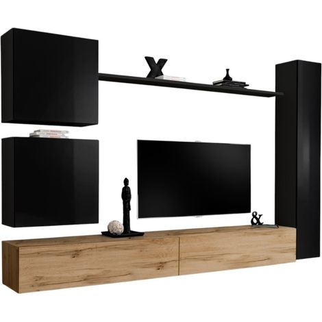 Set di mobili per soggiorno, da parete, SWITCH VIII. Mobile porta TV da parete di design, colore quercia Wotan e nero lucido.