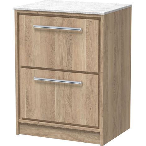 Longnor 2 Drawer Floor Standing Vanity Unit with White Marble Worktop, Light Oak, 600mm