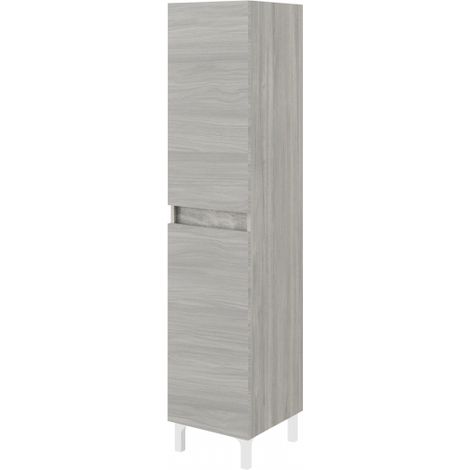 Mueble de baño suspendido de 100 cm en madera de roble gris con lavabo y espejo - Empoli - Con columna espejo y lámpara LED