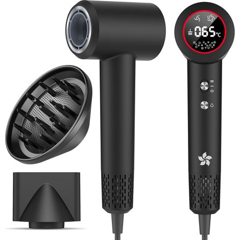 Seche Cheveux avec Diffuseur, Sèche Cheveux Ionique 400 Millions Plasma, Moteur sans Balais de 110 000 tr/min pour un Séchage Rapide, 57 dB à Faible Bruit pour Voyage, Noir (1/5)