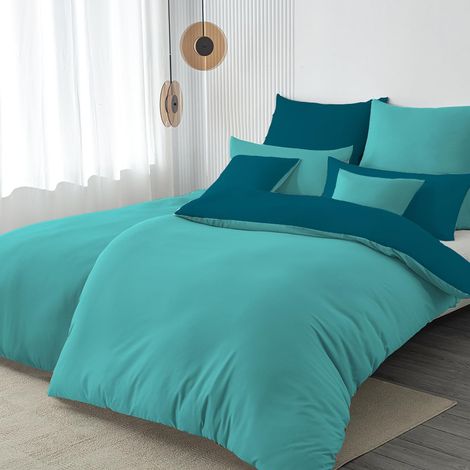 Parure de lit 4 pièces 135 x 200 cm Turquoise/Vert pétrole - Ensemble de literie en microfibre réversible 135 x 200 4 pièces, doux et infroissable - Housse de couette 2 pièces + Taie (1/5)