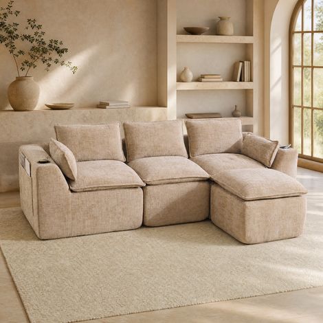 Canapé modulaire 3 places kaki en chenille avec pouf, coussins et poches latérales 256x161x75 cm (1/5)