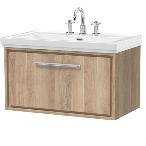 Longnor 1 Drawer Wall Hung Vanity Unit with 3 Tap Hole Traditional Fireclay Basin, Light Oak, 800mm