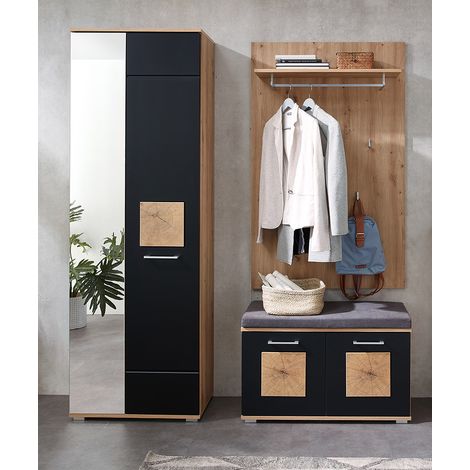 Garderoben-Set mit Garderobenschrank, Garderobenbank und Sitzpolster 3-teilig in Eiche mit schwarz supermatt, FARGO-36 (1/5)