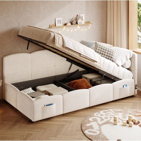 Letto singolo 90x200 cm in velluto beige, con contenitore per cameretta, senza materasso - FLORAGRACE (1/5)