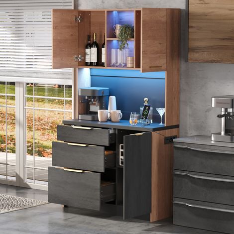 Credenza da cucina alta con illuminazione a LED e prese, piano di lavoro, MDF di colore neutro, 100x40x180 cm