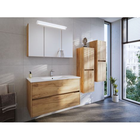 Badmöbel Set Taifun 4tlg. 100 cm mit Spiegelschrank und 2x Seitenschrank eiche (1/5)