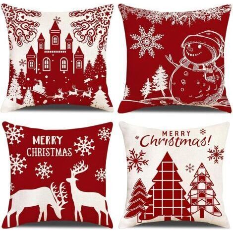 BUNTHAUS Lot de 4 Housses de Coussin Noël Bonhomme de Beige Rouge Château Modèle Décoratif Canapé Taie d'oreiller Décoration pour Chambre, canapé, Chaise, Voiture, Lit,Jardin 45 x 45 cm