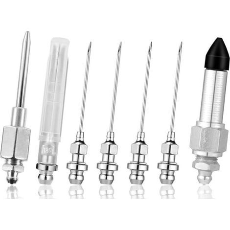 Ensemble de 7 aiguilles pour pistolet à graisse, comprenant 4 buses à graisse, 2 distributeurs de graisse, 1 adaptateur de buse en caoutchouc et un injecteur de graisse pour les espaces restreints. (1/4)