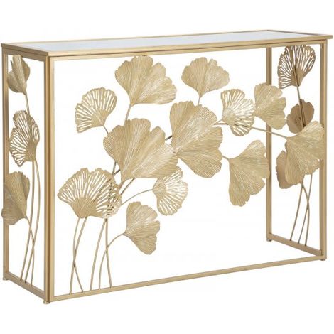Console struttura con foglie in metallo color oro ripiano in vetro per interni (1/9)