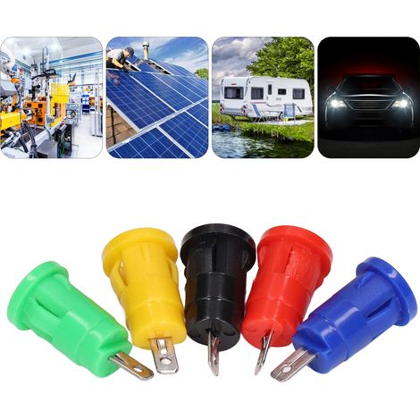 Bananenstecker vom Typ A mit Schutzleiterkarte M4, vernickelten Kupferanschlüssen und M12-Stecker mit roten, schwarzen, gelben, blauen und grünen Pins. (1/5)