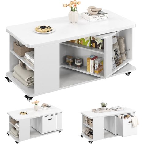 Homevive Mesa de Centro, con Almacenamiento Giratorio 360°, 95x50x50.5cm Blanco (1/5)