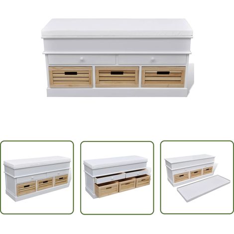 The Living Store Banc d'entrée et de rangement avec coussin 2 tiroirs Blanc - Banc Coffre - Banc Rangements - Meuble Rangement - Banc Entrée - Banc Salle À Manger (1/5)