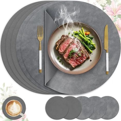 Set de table lavable et antidérapant, lot de 6 en cuir PU double face, 36x36cm (gris + gris foncé) - Gris + Gris Foncé Rond Lot de 6 (1/5)
