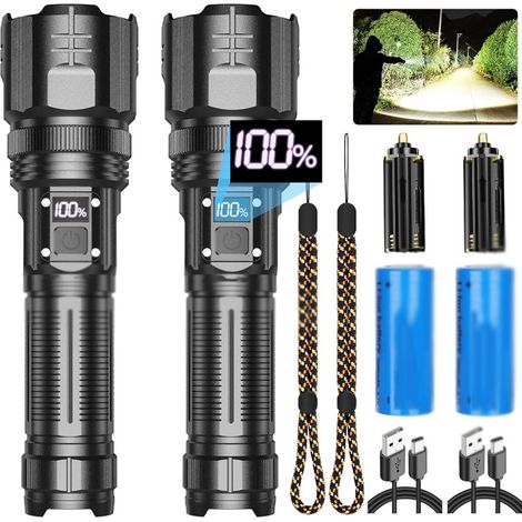Lampe Torche LED Ultra Puissante Rechargeable, 150000 Lumens Lampe Torche Puissante, Lampe De Poche Led Super Lumineuse éTanche Avec 5 Modes, AdaptéE Aux Urgences, Au Camping (Avec batterie) (1/5)