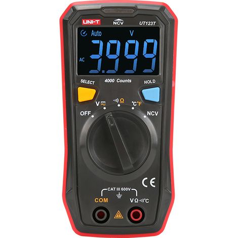 Multimetro digitale autorange UNI-T UT-123T CAT III 600V - Funzioni: tensione DC, tensione AC, resistenza, temperatura, non contact voltage, test di continuità