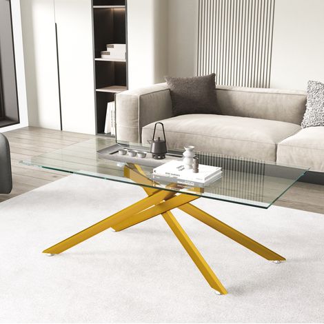 Mesa de centro 120x60x46 cm, tablero de vidrio templado, estructura metálica dorada, Glass Metal, oro (1/5)