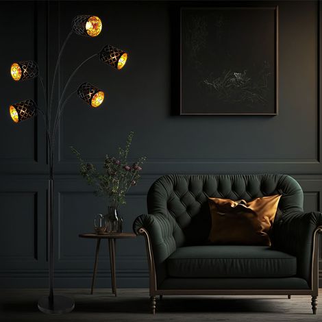 Standleuchte Stehlampe Schlafzimmerleuchte 5-flammig, Textilschirme schwarz vergoldet, Dekorstanzungen, Metall Stoff, 5x E14, LxBxH 85x130x204 cm