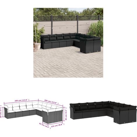 10-tlg. Garten-Sofagarnitur mit Kissen Schwarz Poly Rattan - Gartensortiment - Gartenmöbelset - Lounge Möbel - Rattan Sofa - Gartenlounge - Home & Living (1/3)
