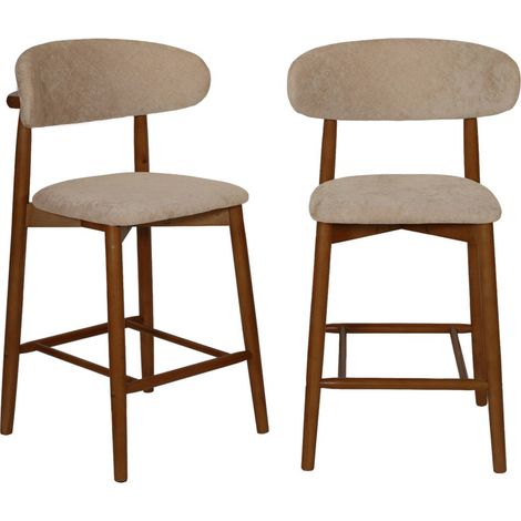 sweeek - 2er-Set Barhocker aus nussbaumfarbenem Heveaholz mit Chenille-Bezug Nussbaumfarben / Taupe (1/5)